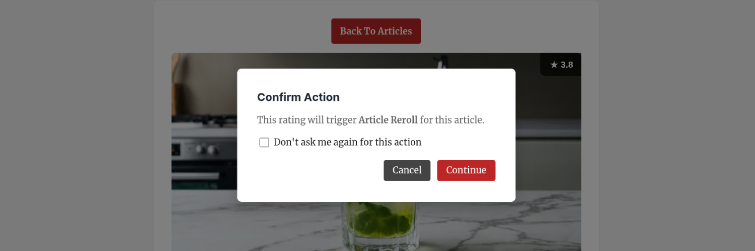 Reroll interface showing article deletion and regeneration queue