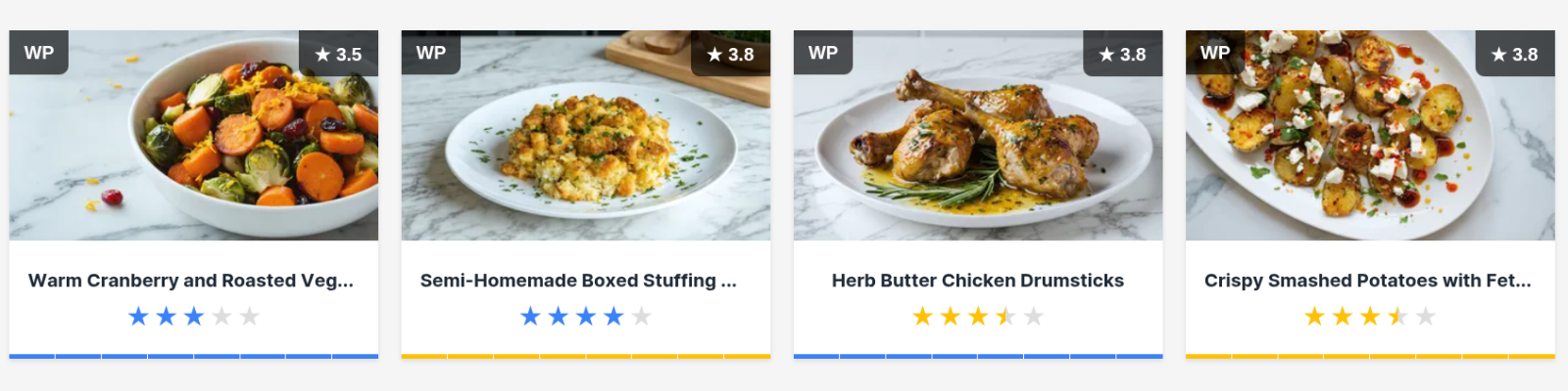 Cards with blue stars and progress bars indicating editor ratings, yellow for unrated